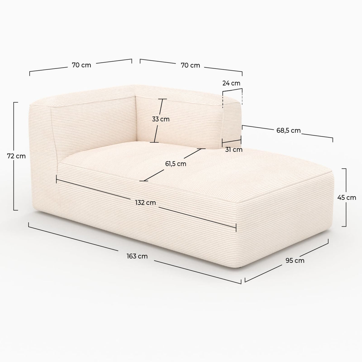 Méridienne d'Angle Droite Modulable en Velours Blanc blanc cassé - vue 4