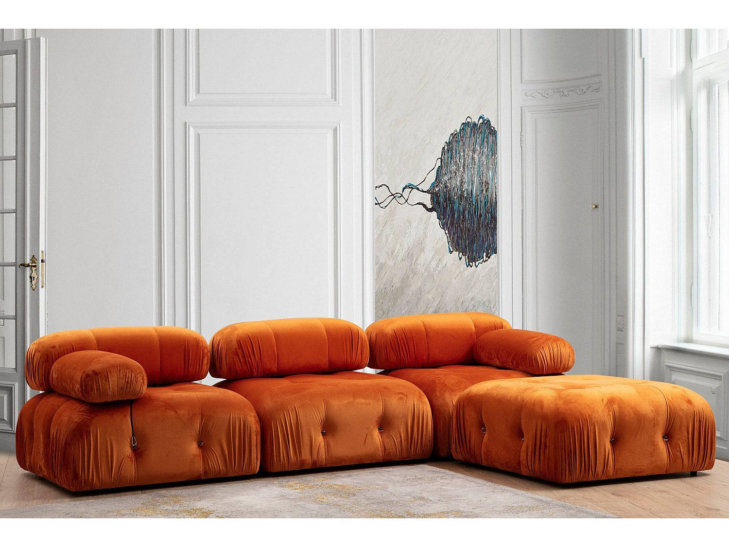 Pouf pour canapé modulable 4 places orange velours