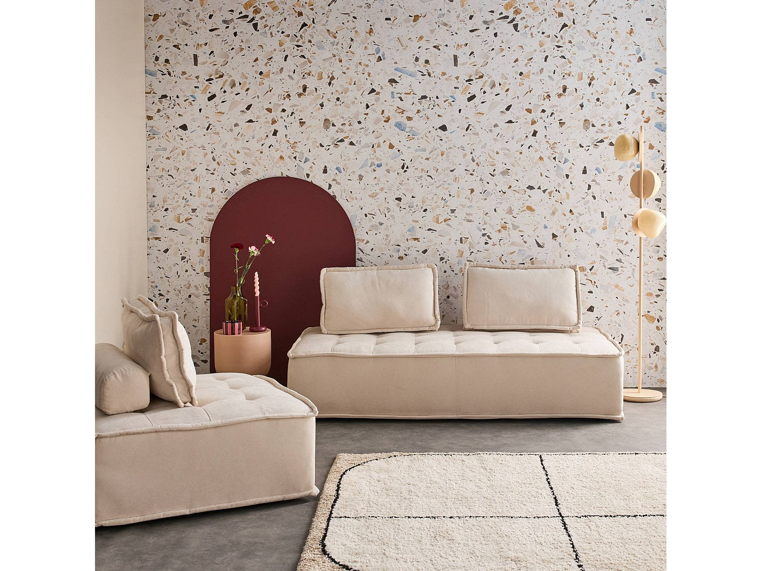 Chauffeuse modulable 3 places beige tissu