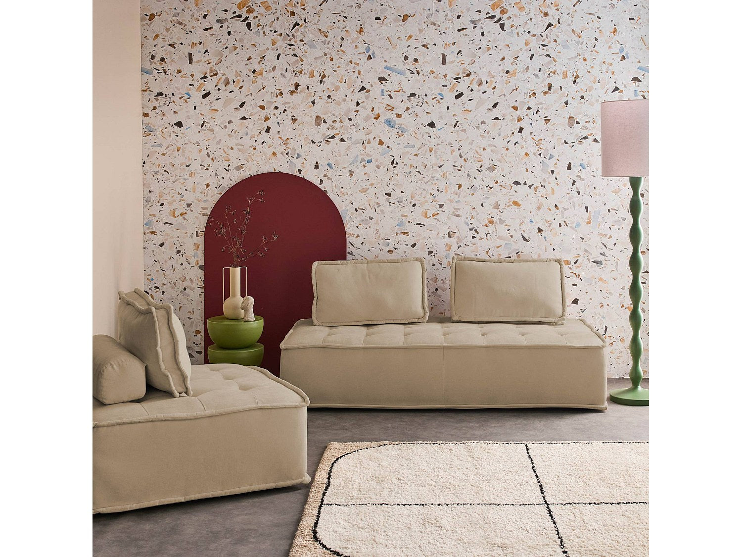 Chauffeuse modulable 3 places beige tissu