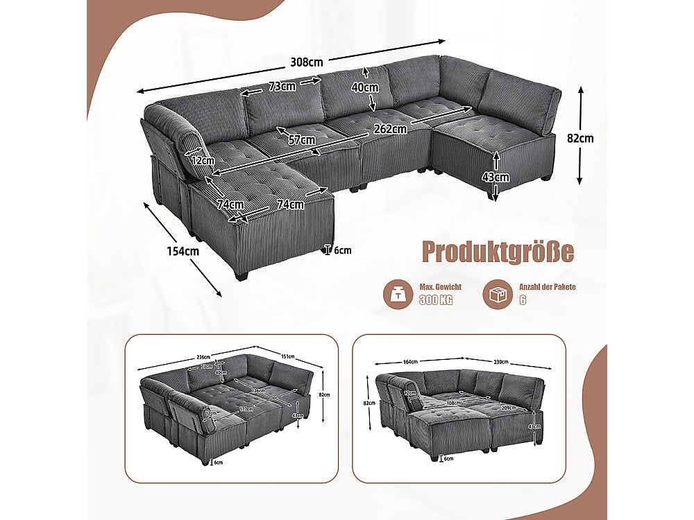 Canapé modulable 6 places gris velours