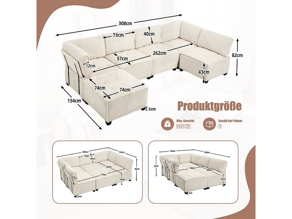 Canapé modulable 6 places beige velours