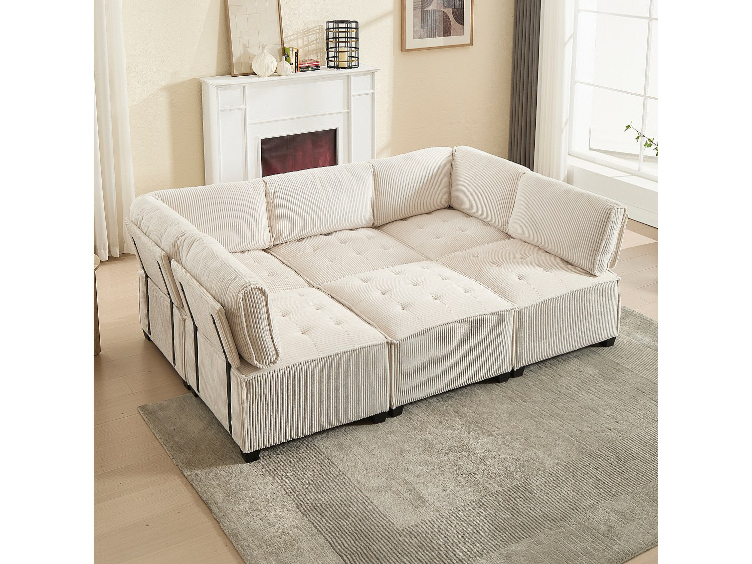 Canapé modulable 6 places beige velours