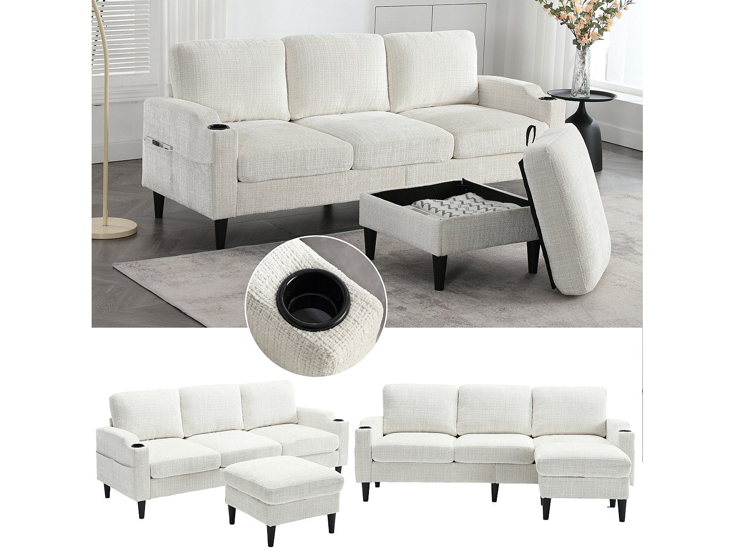 Pouf pour canapé modulable 4 places beige tissu