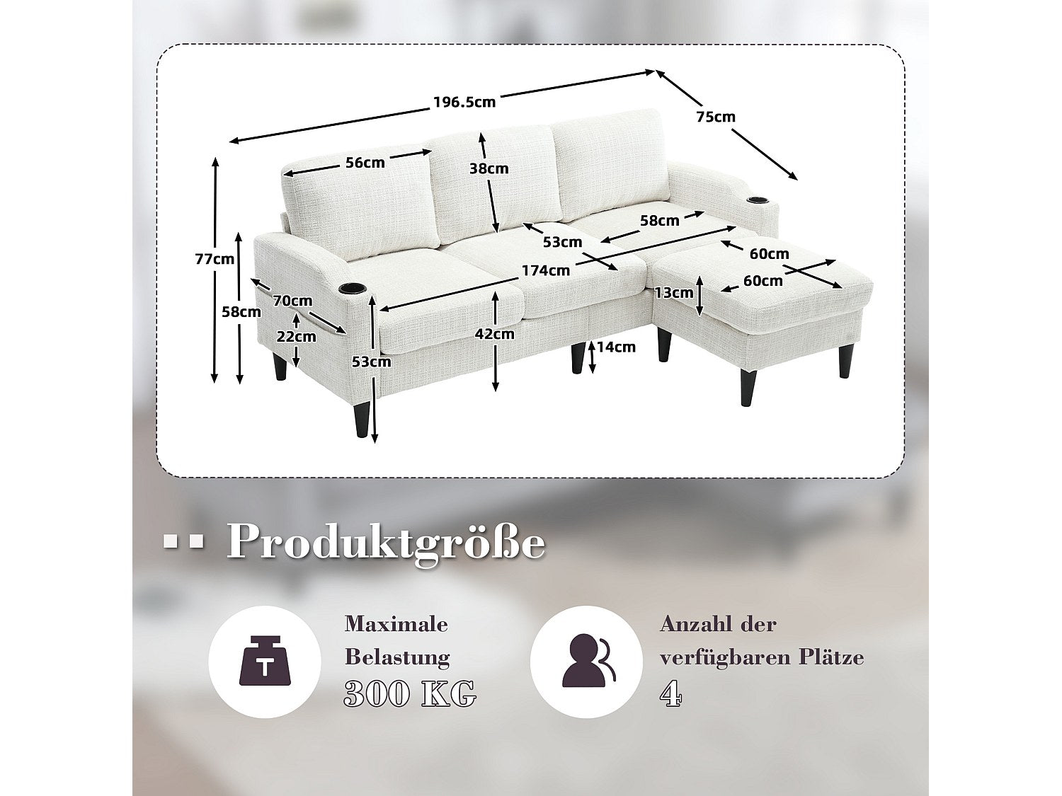 Pouf pour canapé modulable 4 places beige tissu