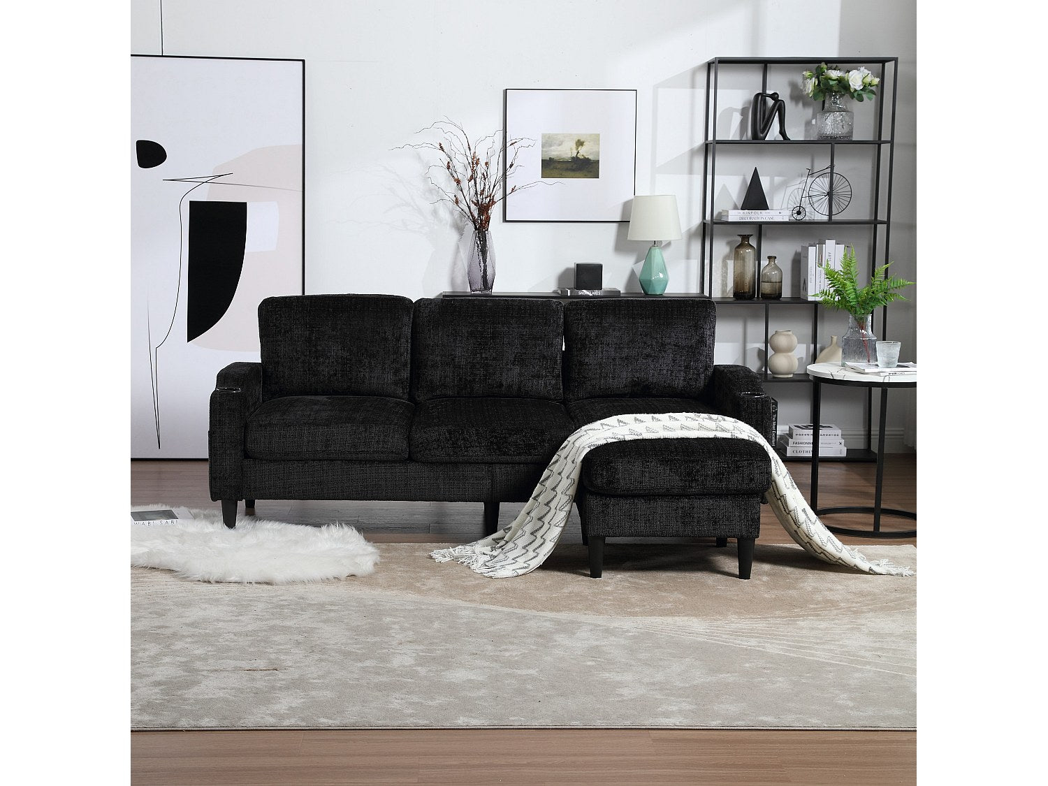 Pouf pour canapé modulable 4 places noir tissu