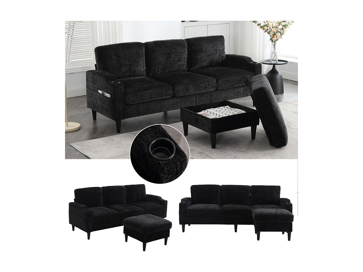 Pouf pour canapé modulable 4 places noir tissu