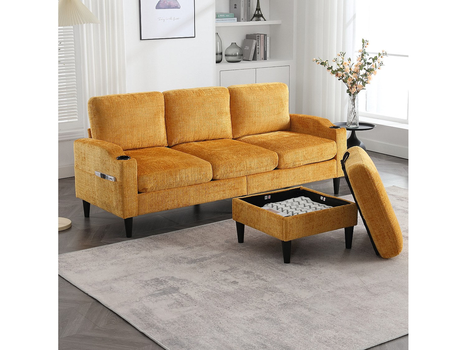 Pouf pour canapé modulable 4 places jaune tissu