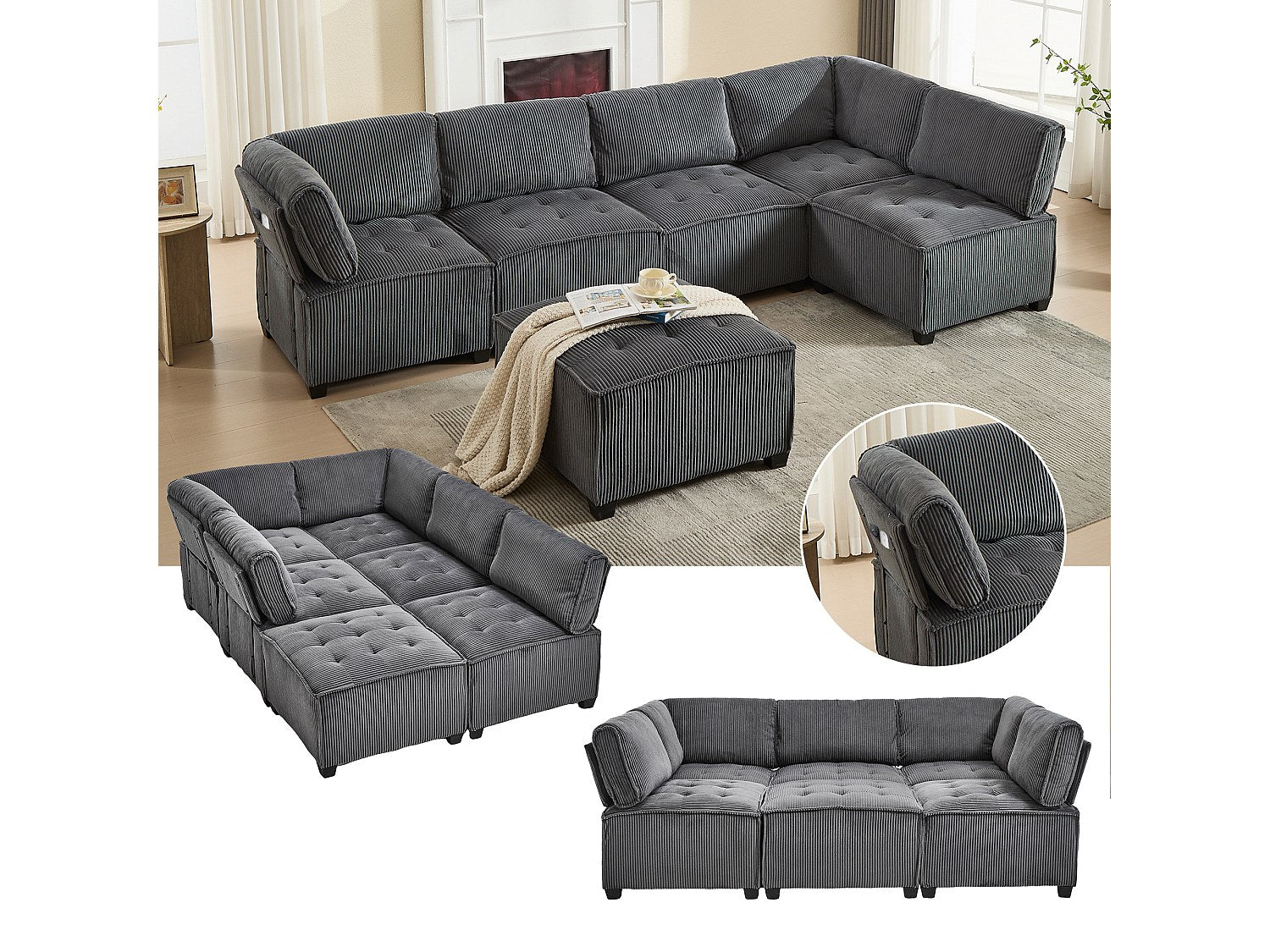 Canapé modulable convertible 6 places gris tissu