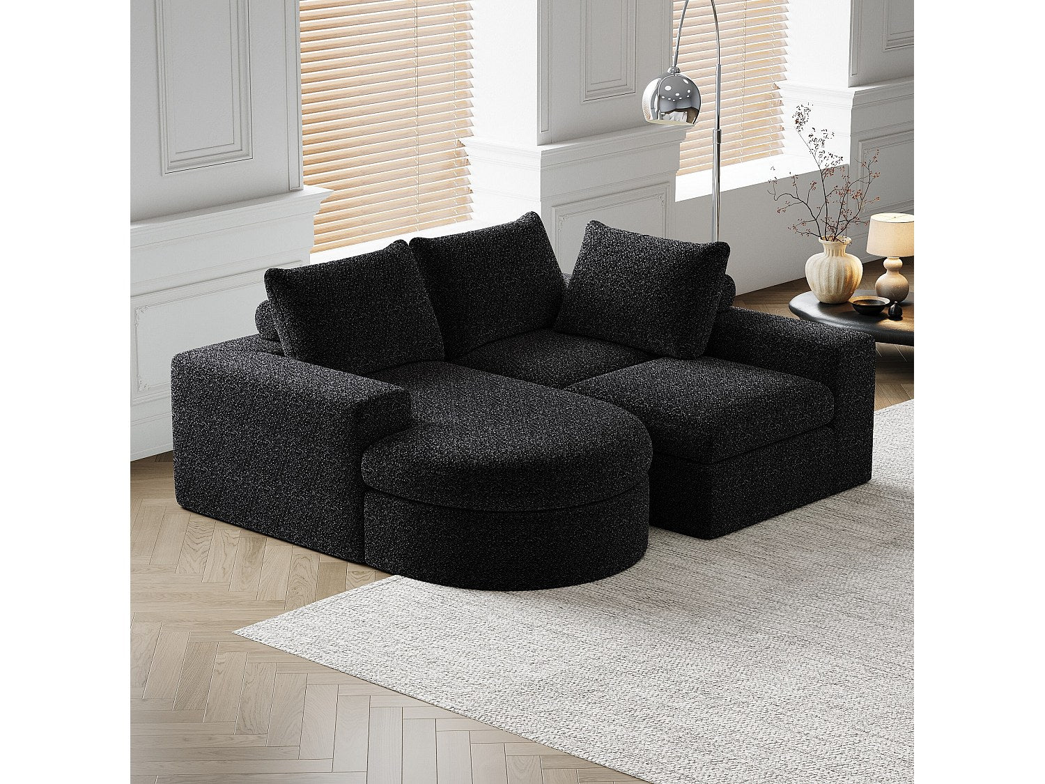 Méridienne pour canapé modulable 3 places noir tissu