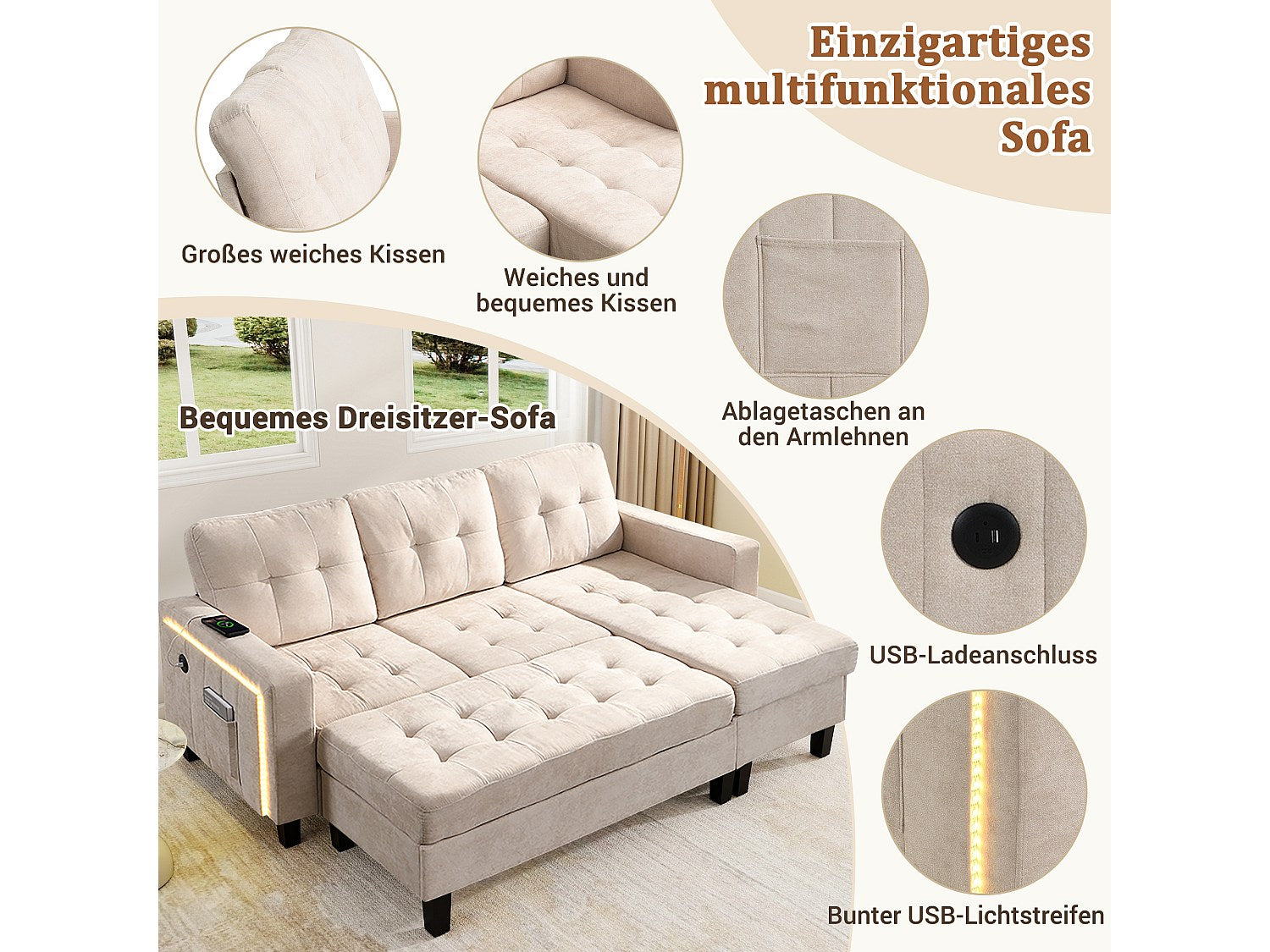 Canapé modulable 3 places beige