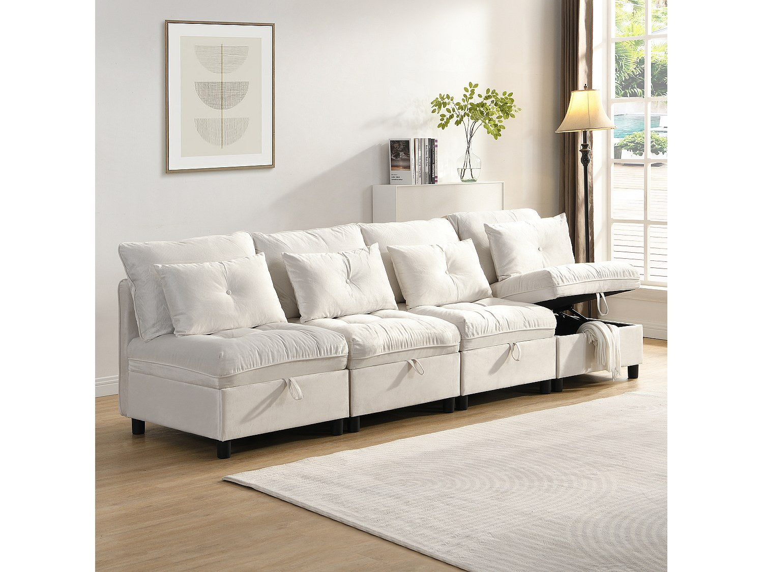 Canapé modulable convertible 4 places beige velours