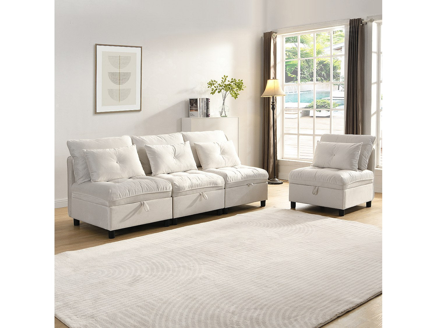 Canapé modulable convertible 4 places beige velours