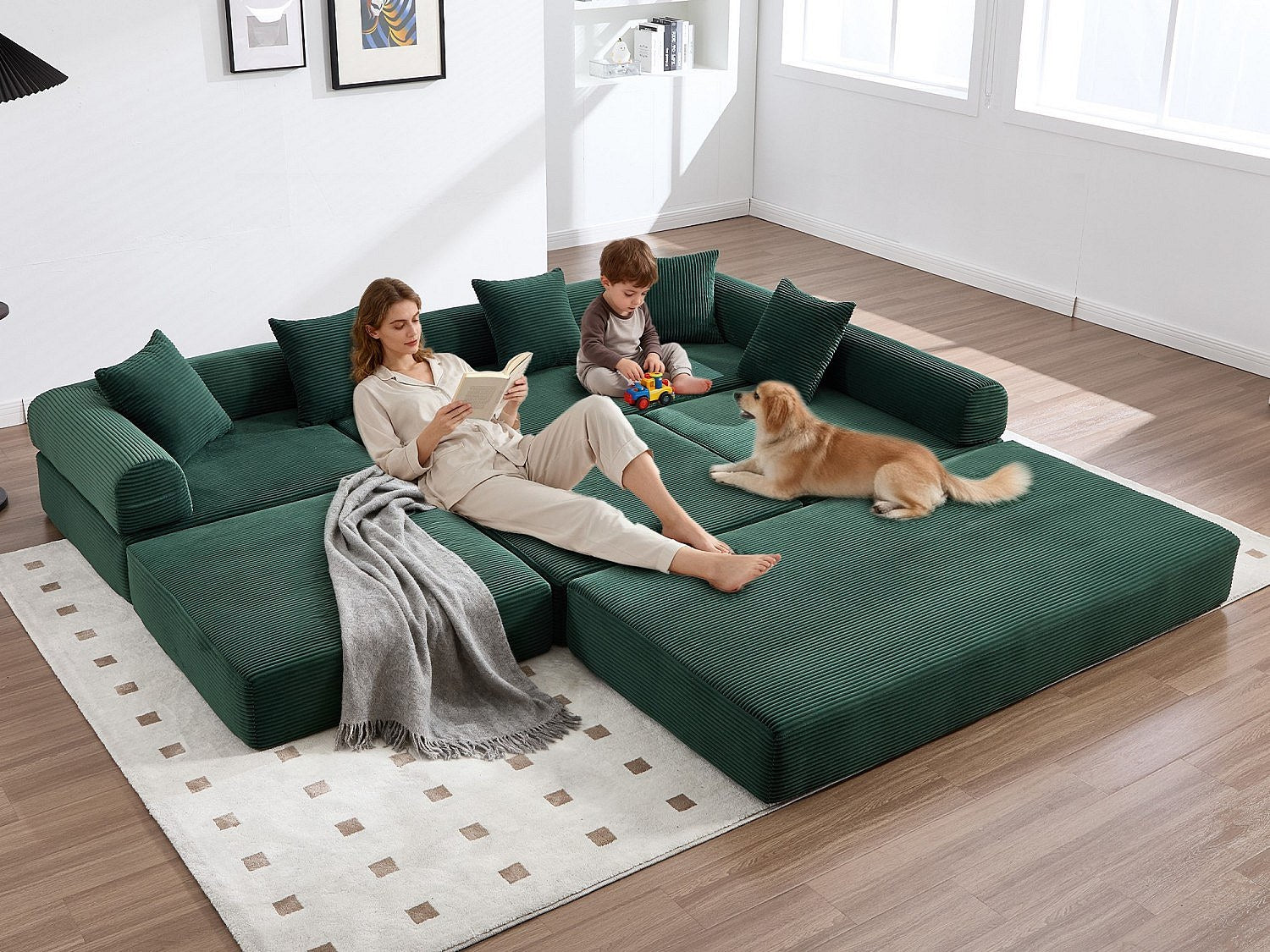 Canapé modulable convertible 5 places vert tissu