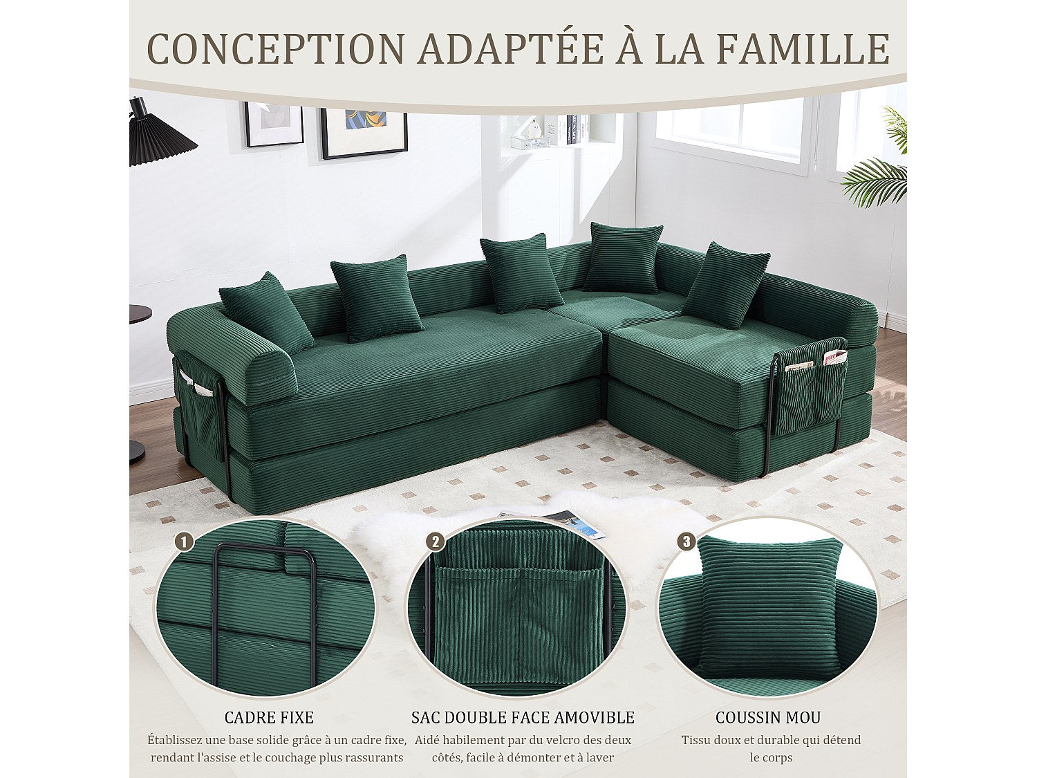 Canapé modulable convertible 5 places vert tissu
