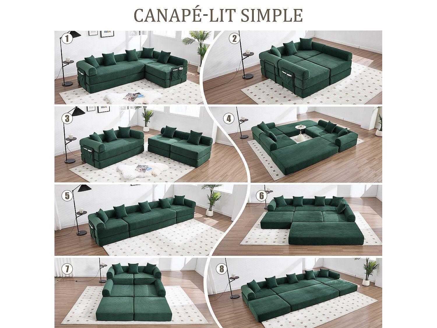 Canapé modulable convertible 5 places vert tissu
