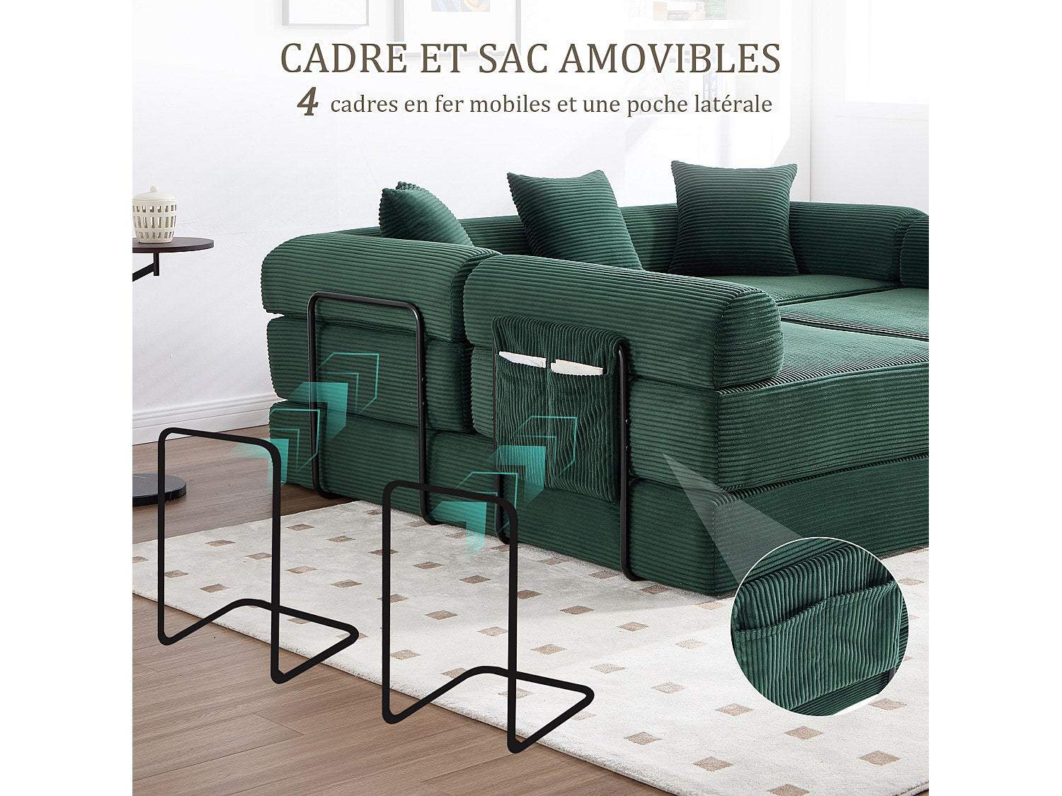 Canapé modulable convertible 5 places vert tissu