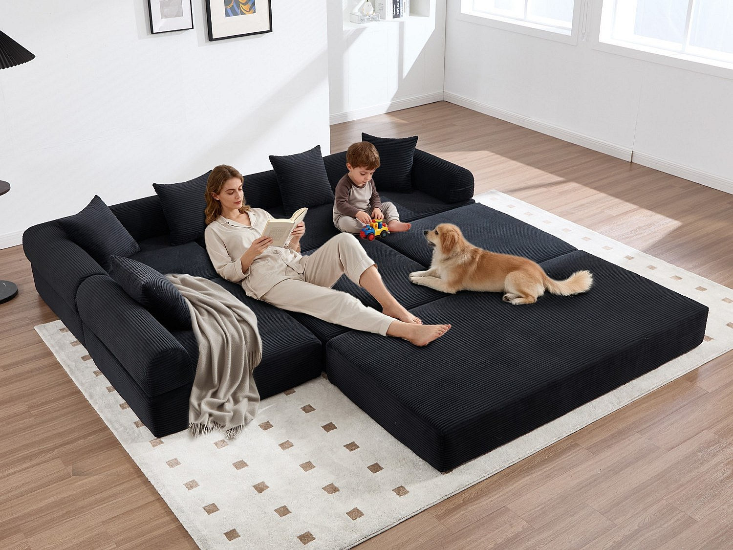 Canapé modulable convertible 5 places noir tissu