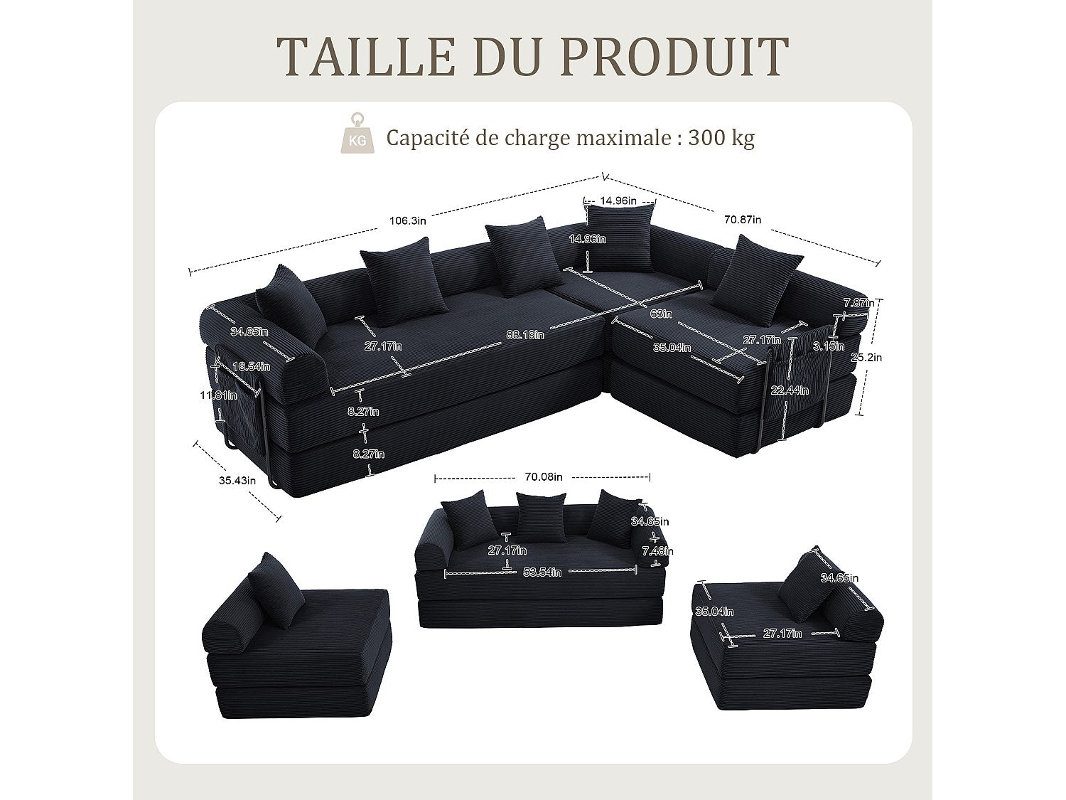 Canapé modulable convertible 5 places noir tissu
