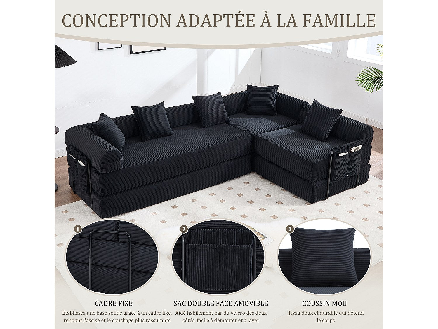 Canapé modulable convertible 5 places noir tissu