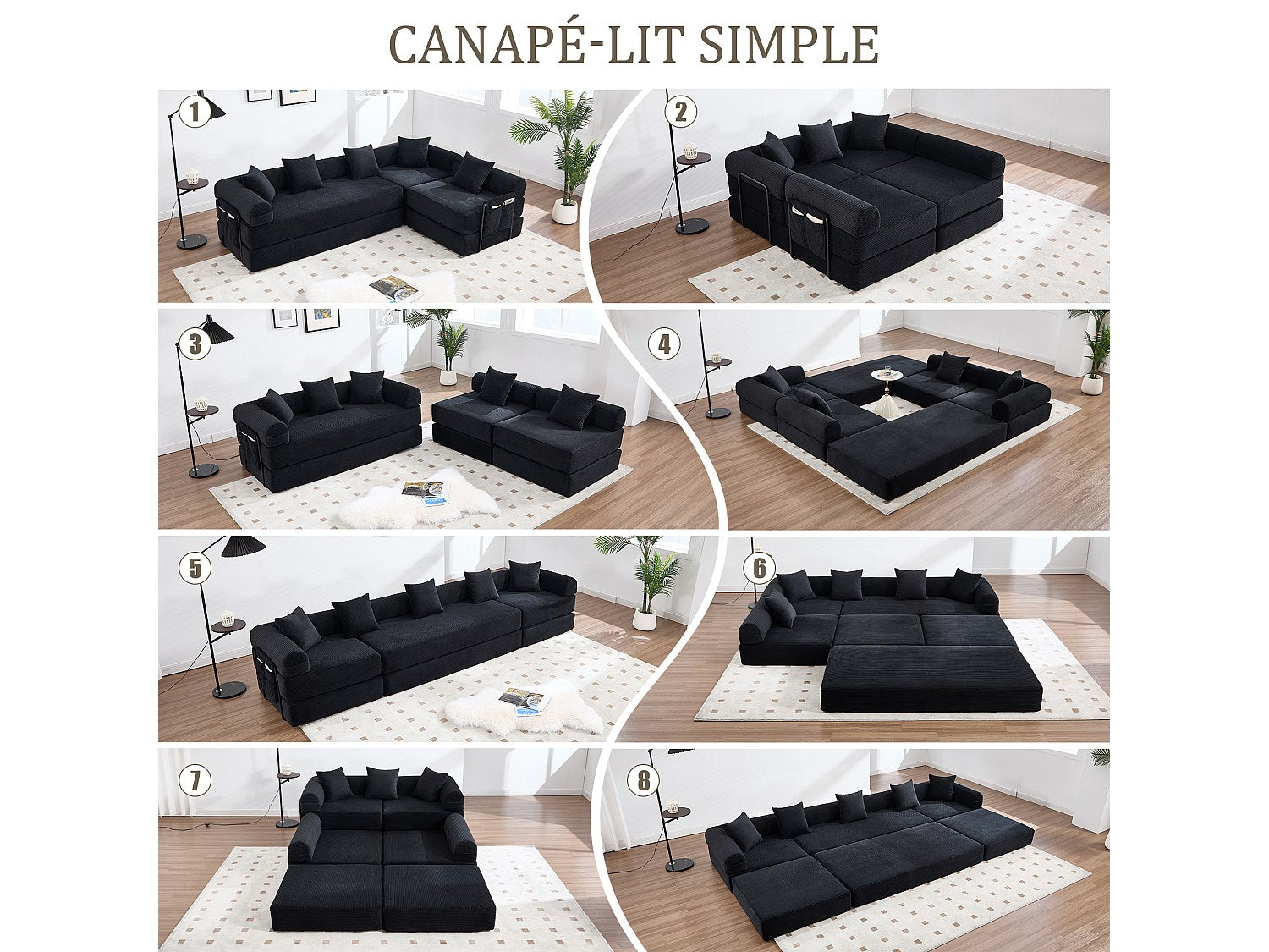 Canapé modulable convertible 5 places noir tissu