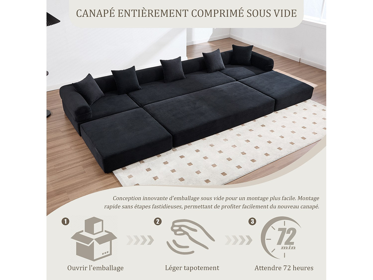 Canapé modulable convertible 5 places noir tissu