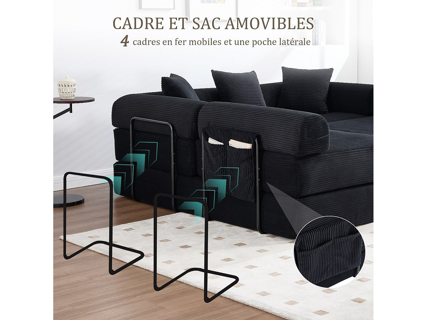Canapé modulable convertible 5 places noir tissu