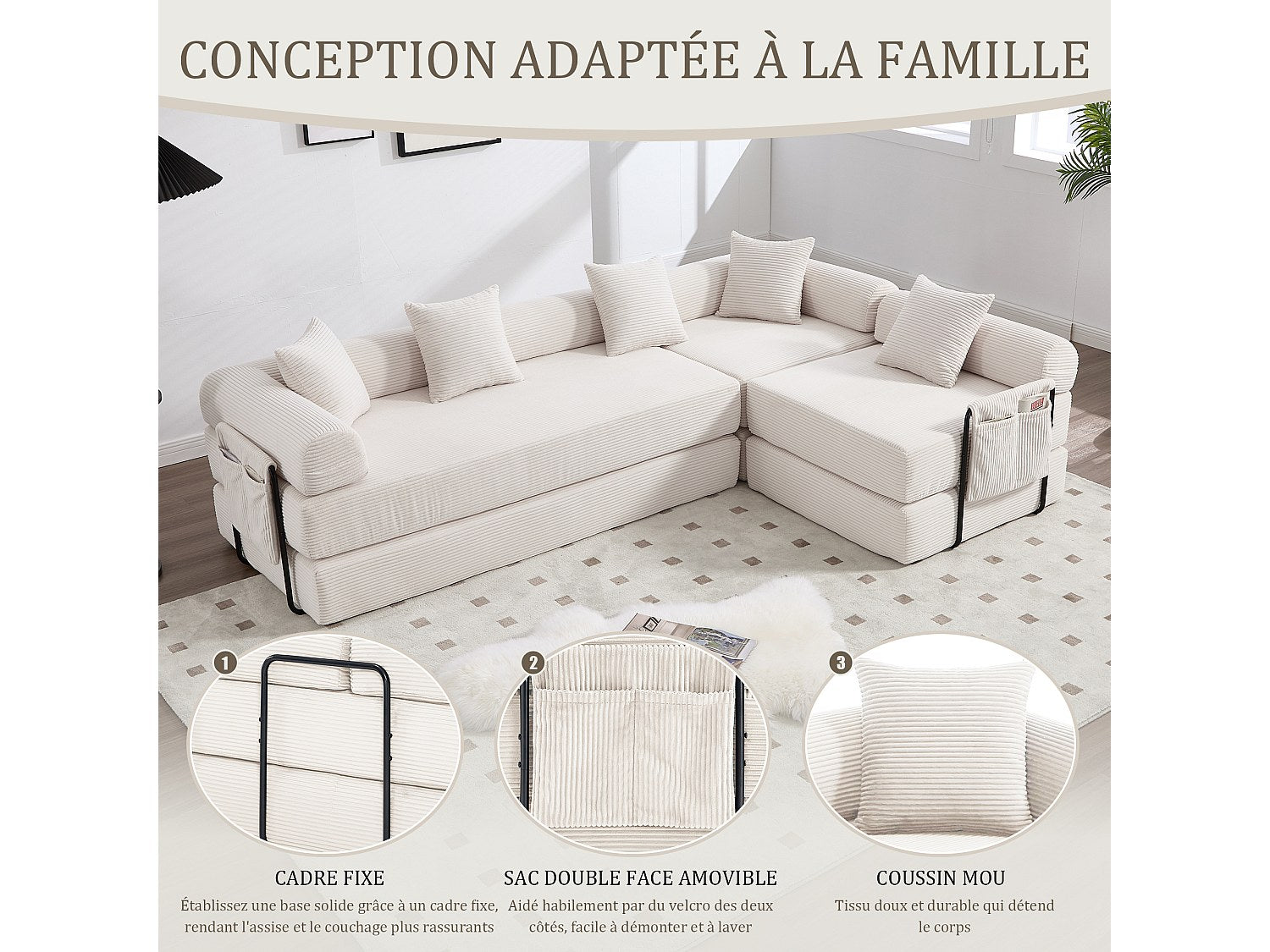 Canapé modulable convertible 5 places beige tissu