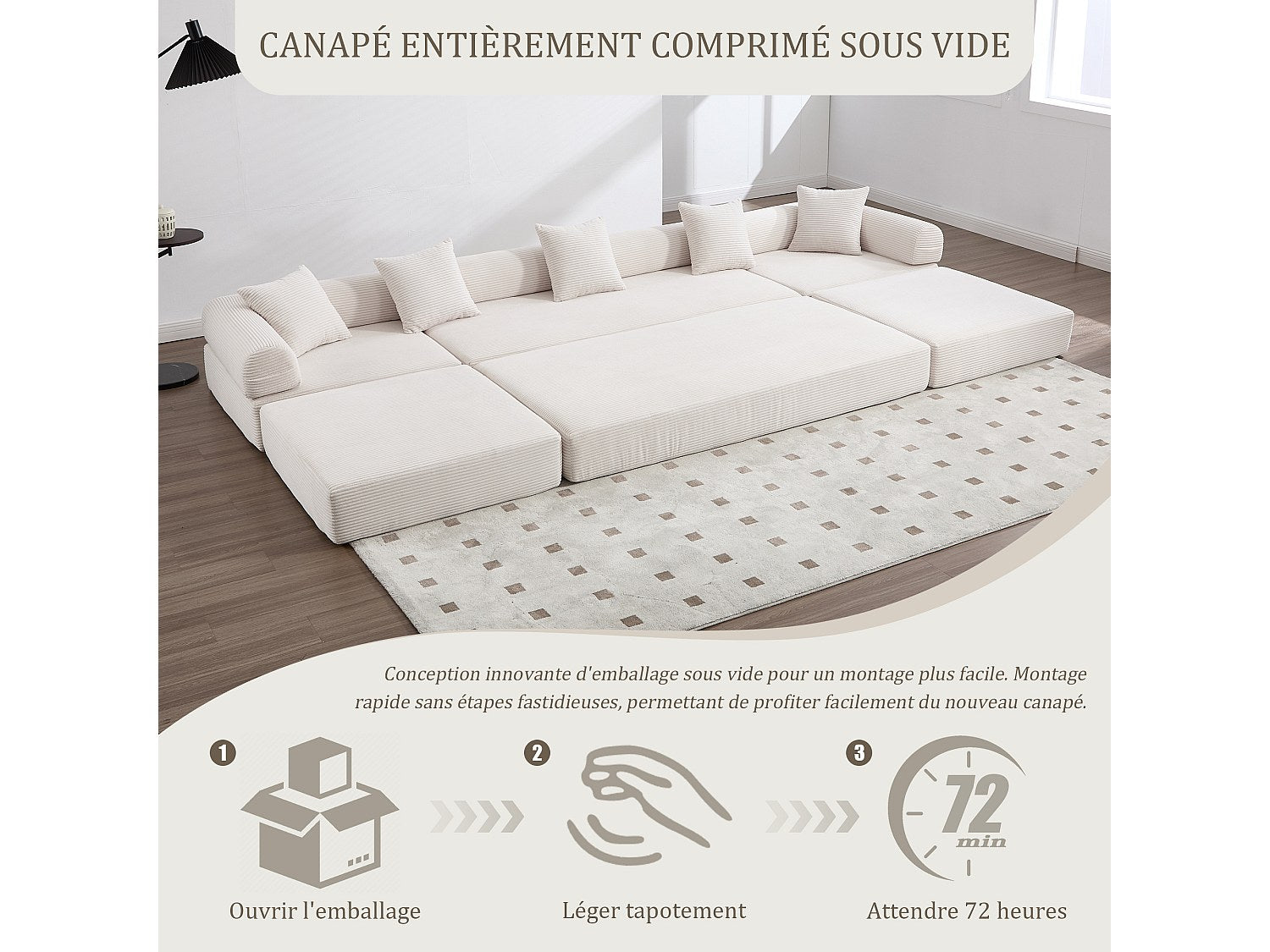 Canapé modulable convertible 5 places beige tissu