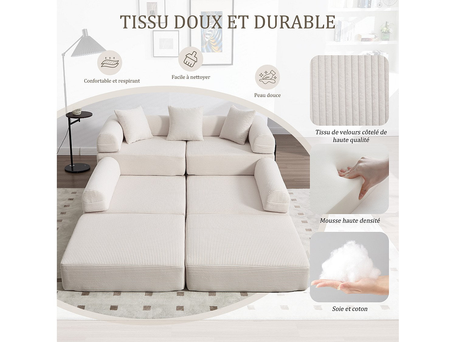 Canapé modulable convertible 5 places beige tissu