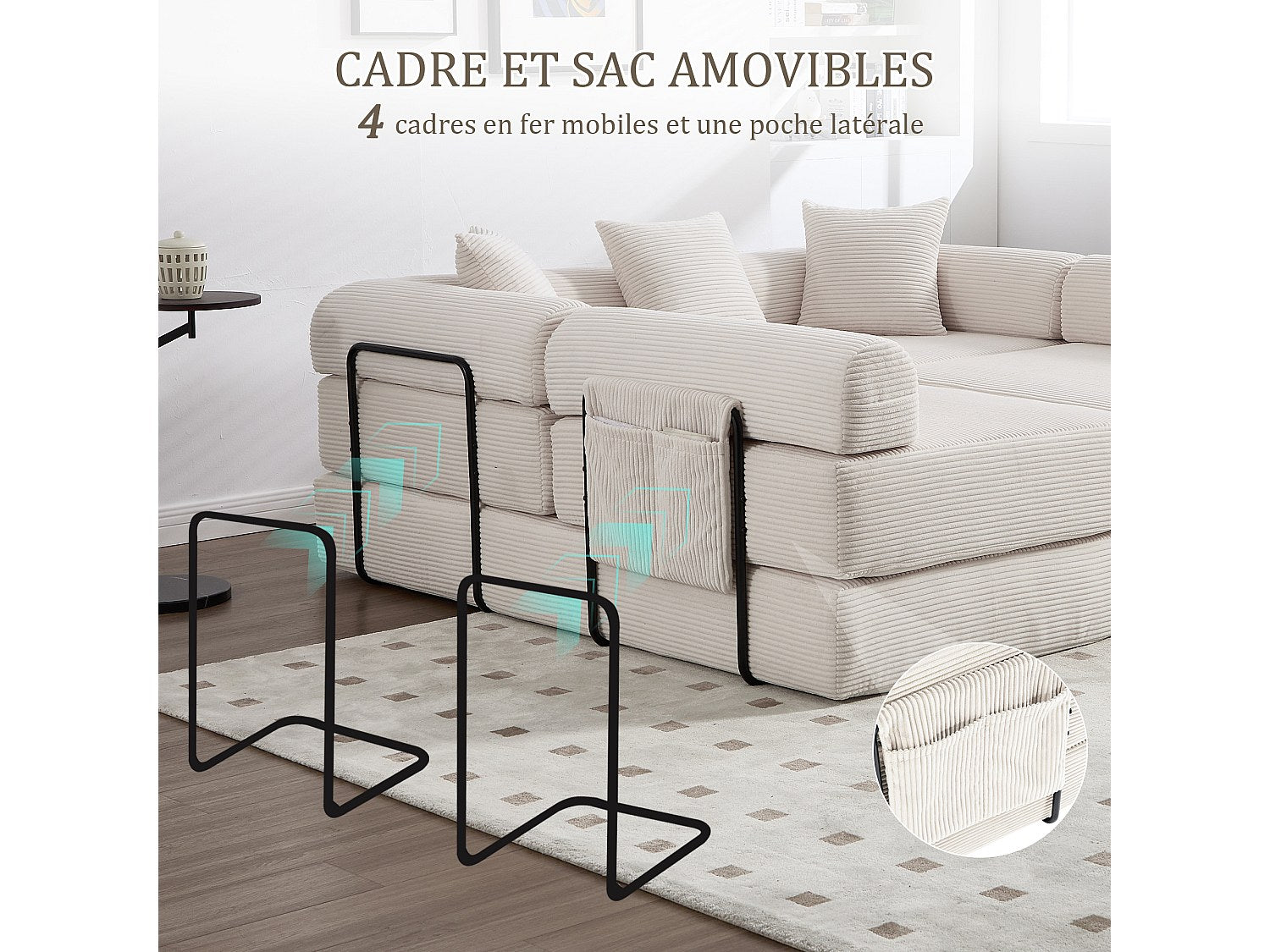 Canapé modulable convertible 5 places beige tissu