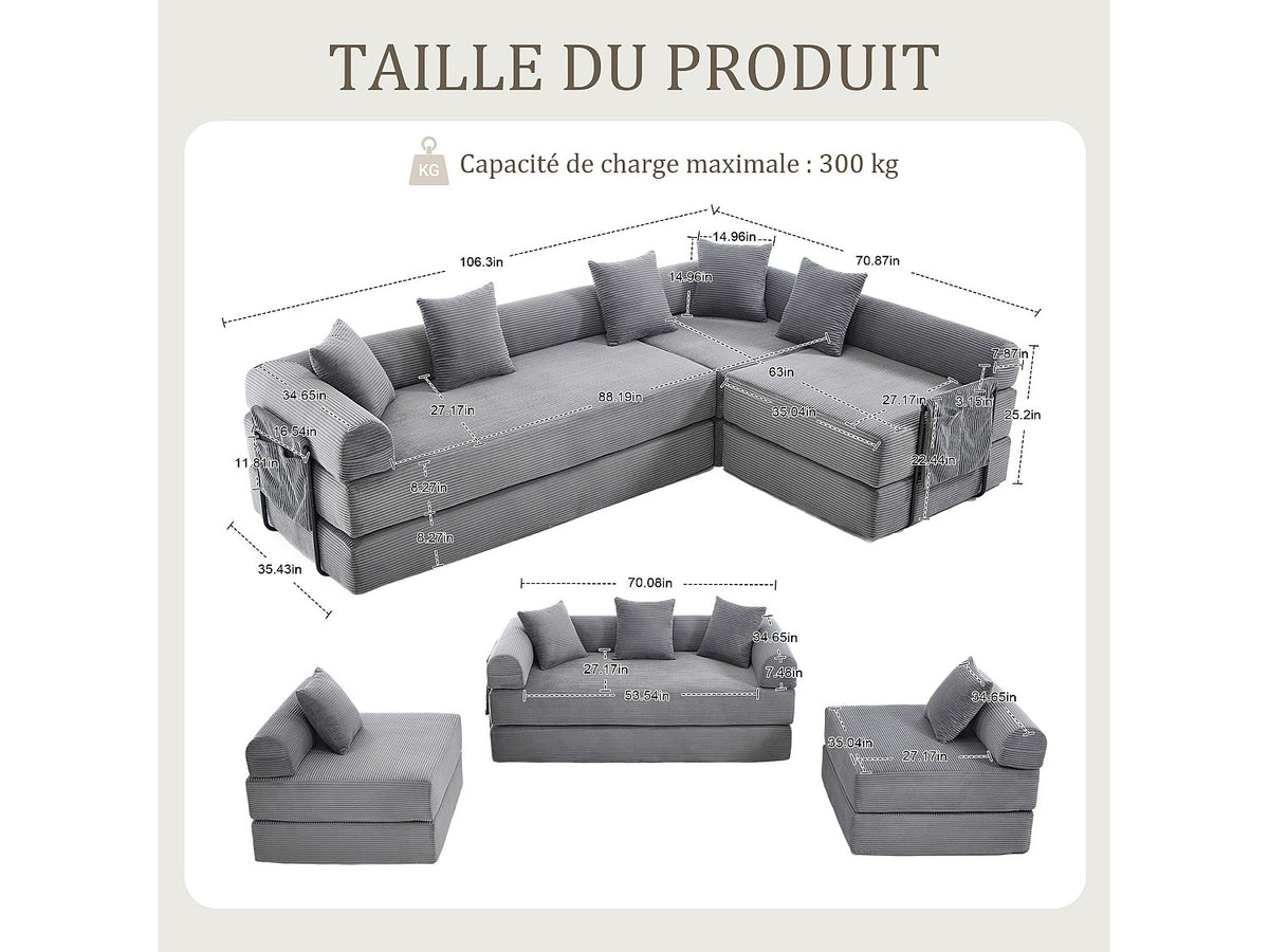 Canapé modulable convertible 5 places gris tissu