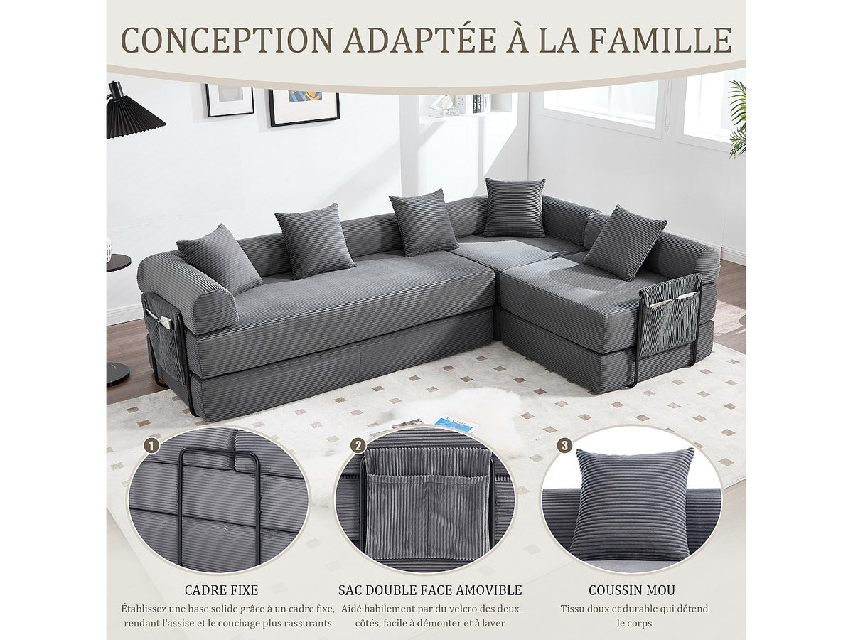 Canapé modulable convertible 5 places gris tissu