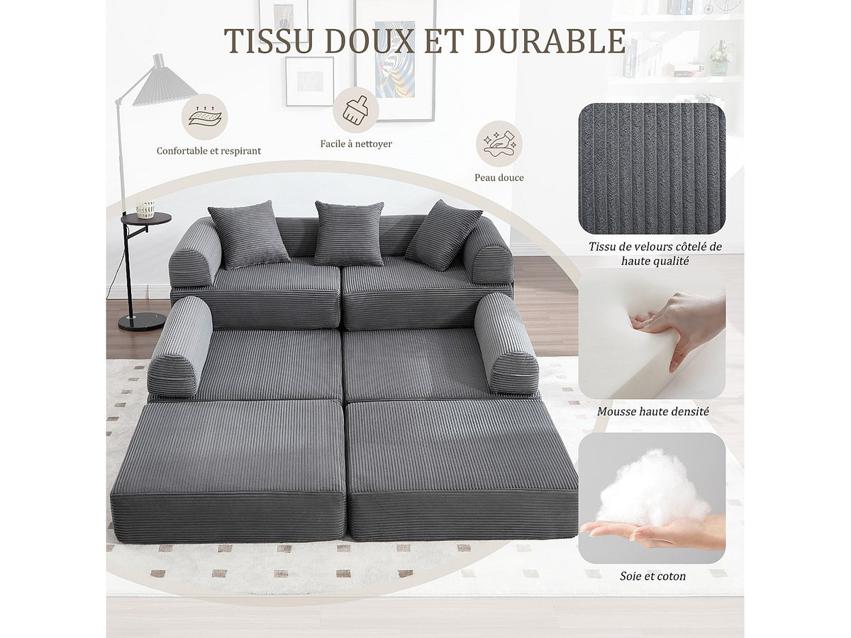 Canapé modulable convertible 5 places gris tissu