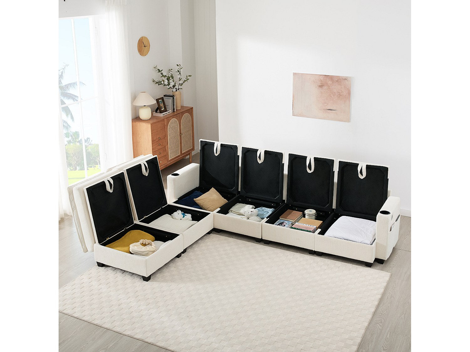 Canapé modulable 6 places beige velours