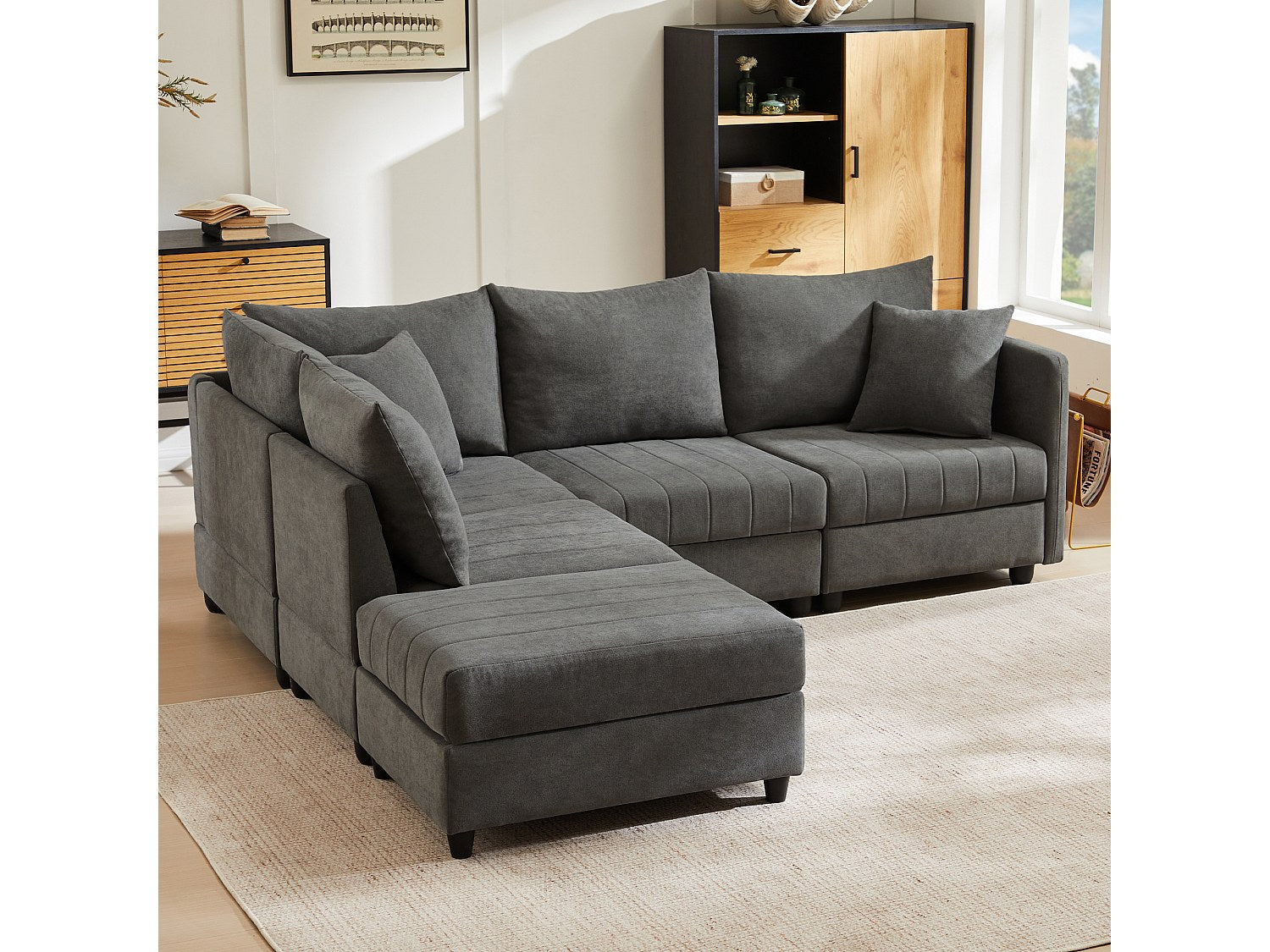 Canapé modulable convertible 5 places gris tissu