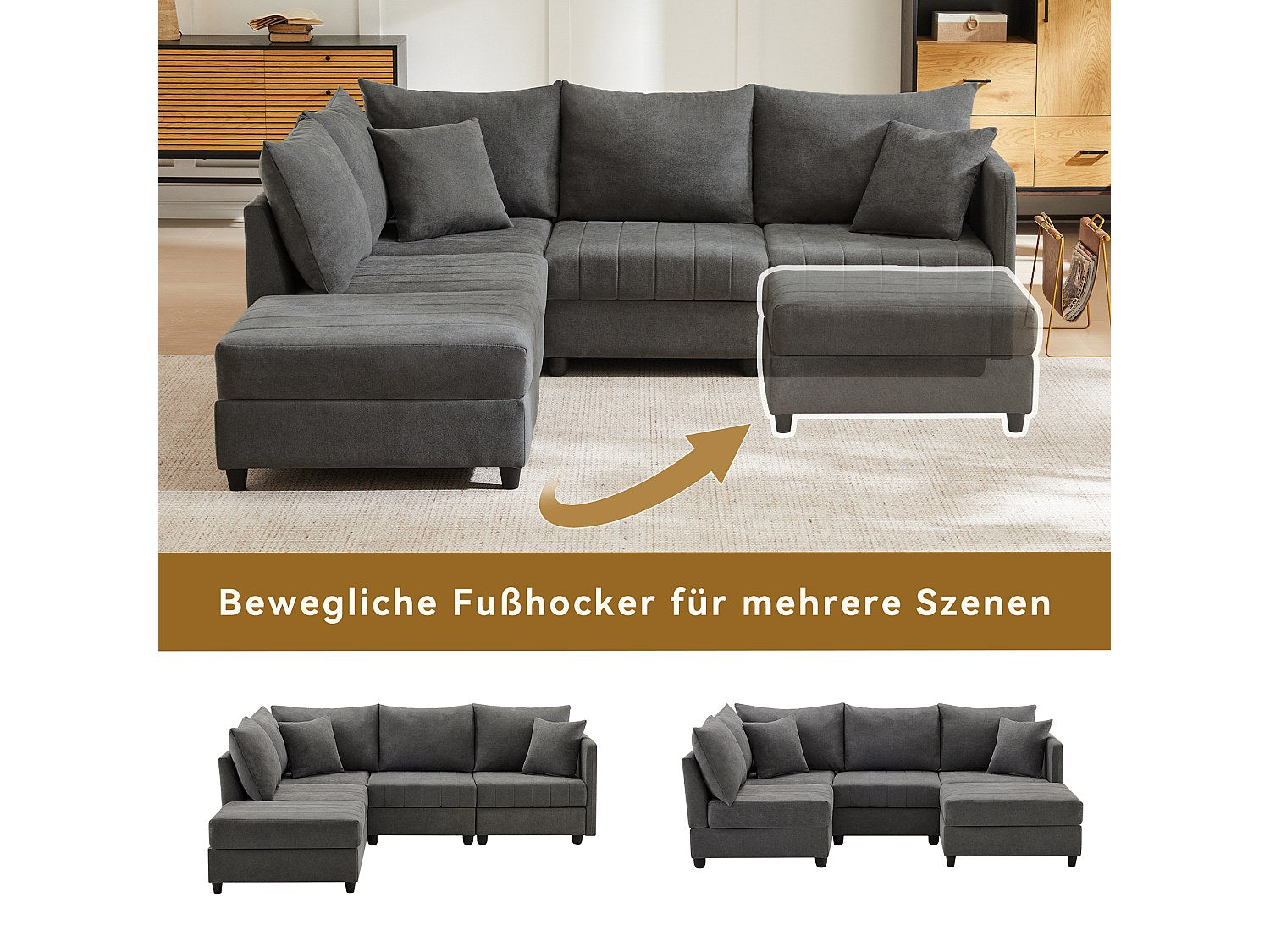 Canapé modulable convertible 5 places gris tissu