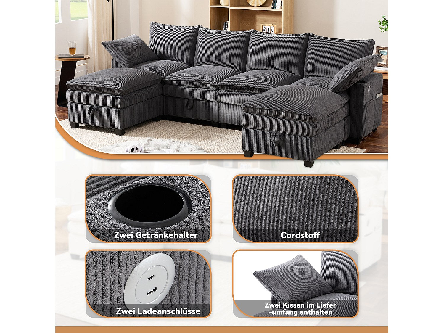 Canapé modulable 6 places gris velours