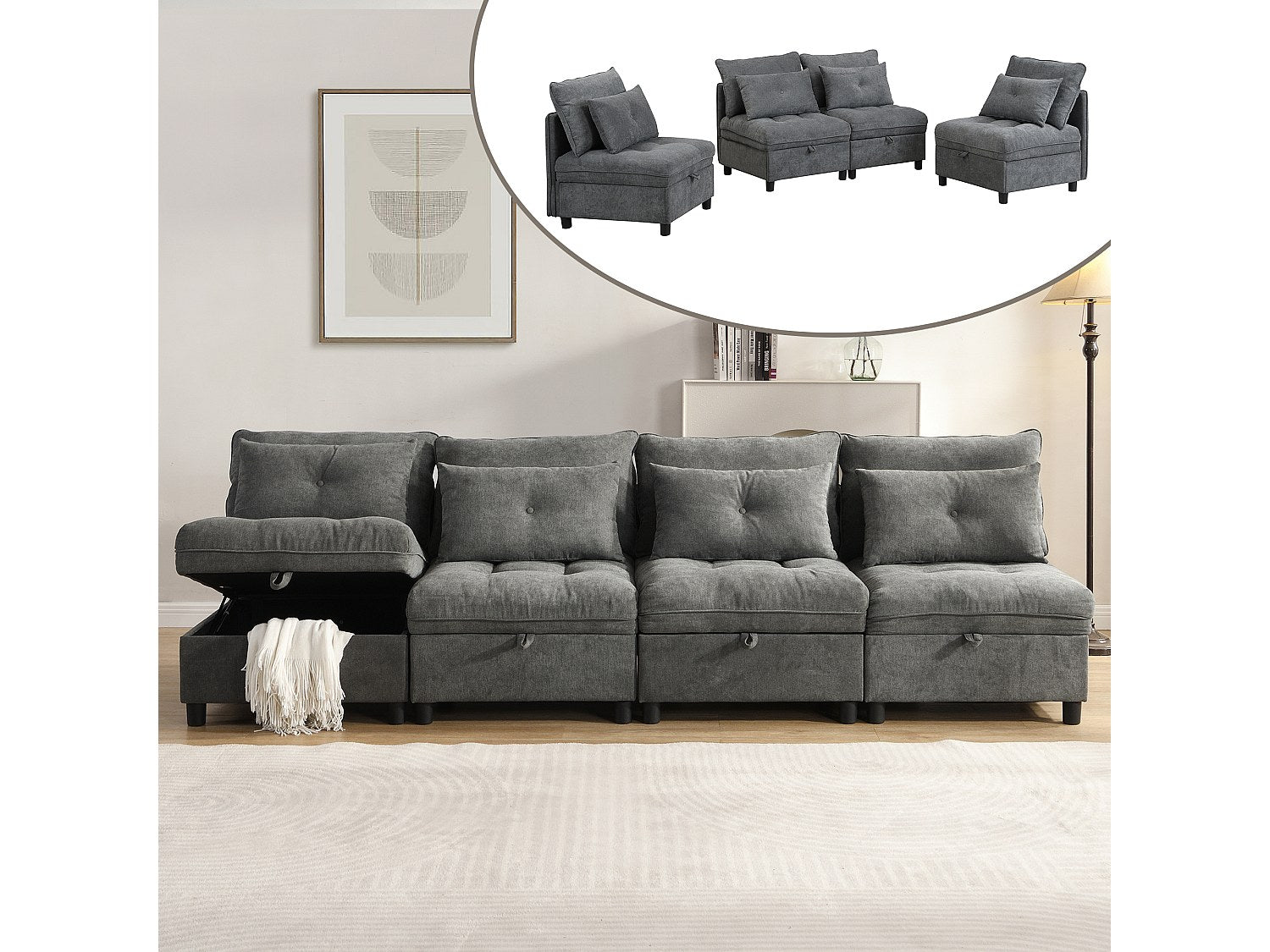 Canapé modulable 4 places gris