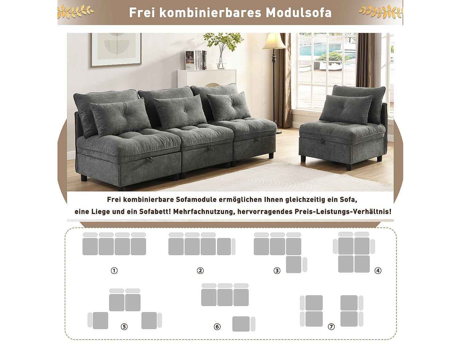 Canapé modulable 4 places gris