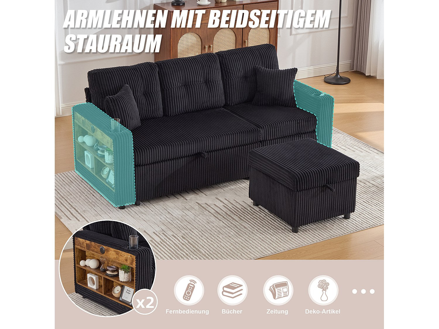 Angle pour canapé modulable convertible 3 places noir tissu - Allurex