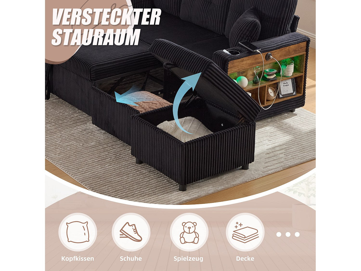 Angle pour canapé modulable convertible 3 places noir tissu - Allurex