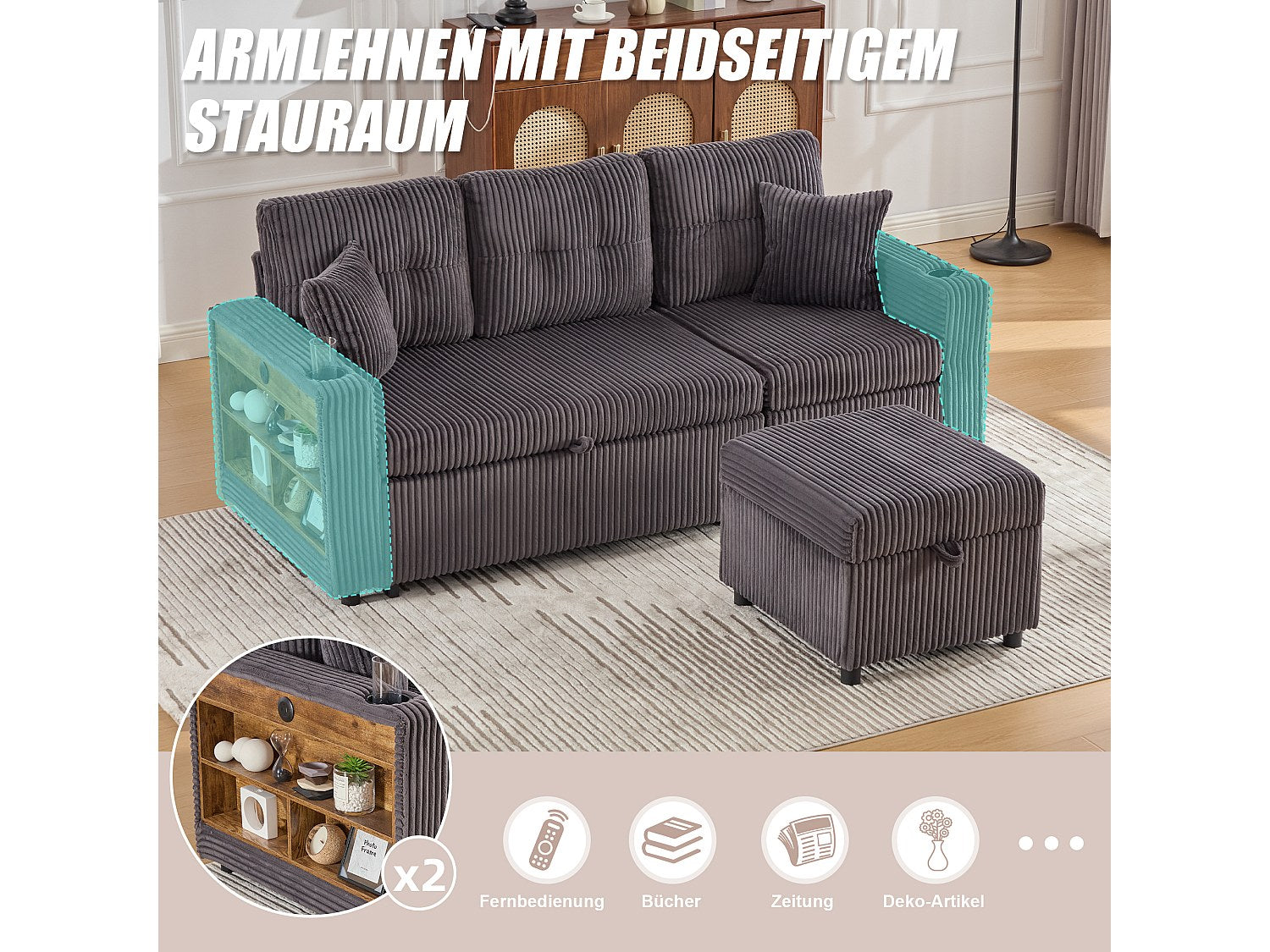 Angle pour canapé modulable convertible 3 places gris velours - Allurex