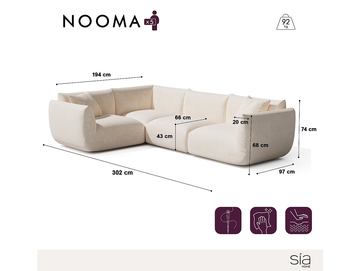 Canapé modulable 6 places beige velours