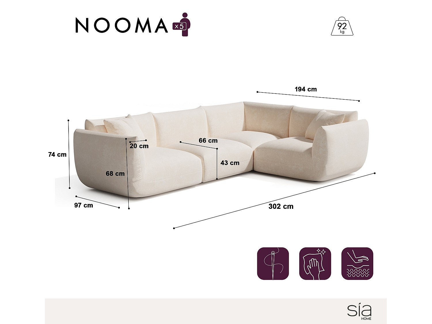 Canapé modulable 6 places beige velours