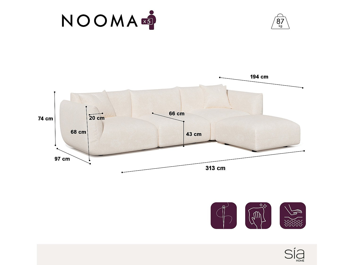 Angle pour canapé modulable 6 places beige velours