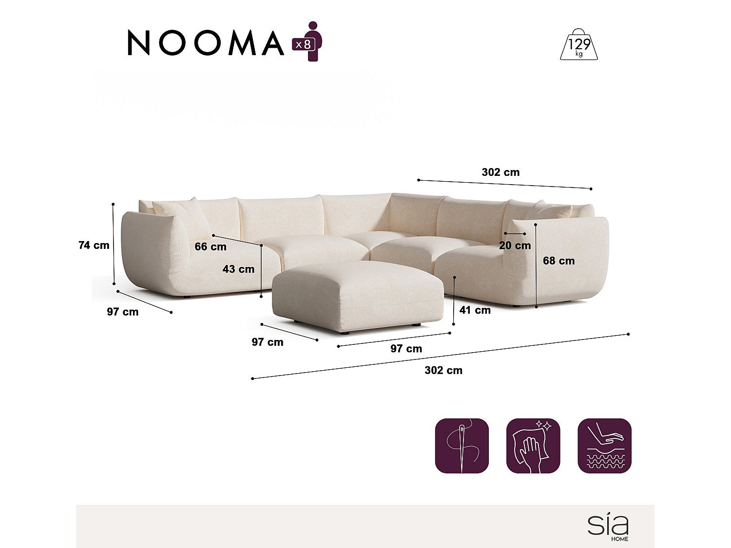 Canapé modulable panoramique 8 places beige velours