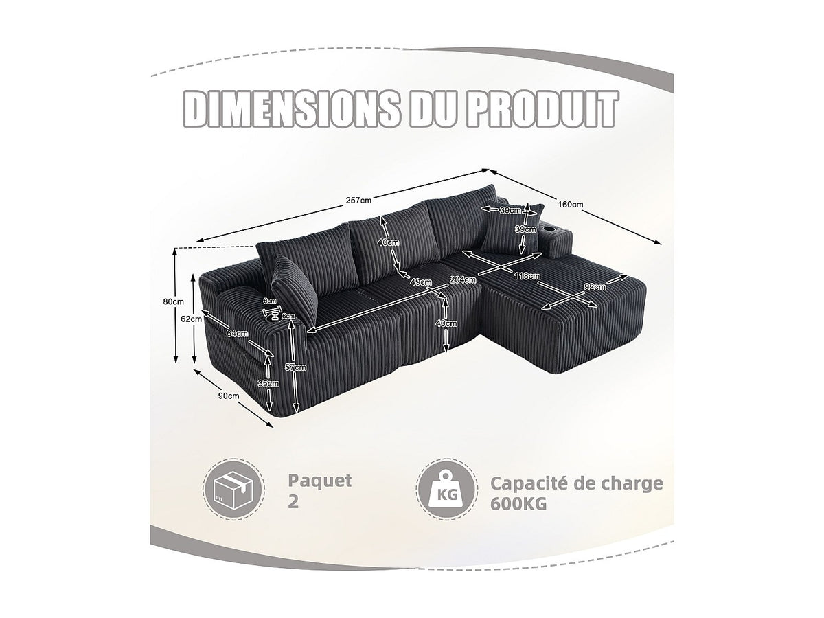 Canapé modulable convertible 3 places gris tissu