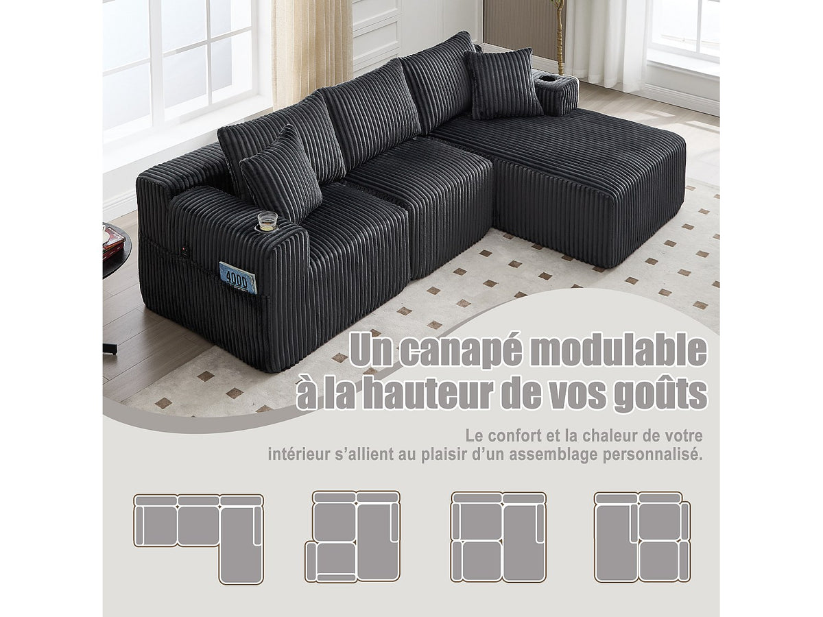 Canapé modulable convertible 3 places gris tissu