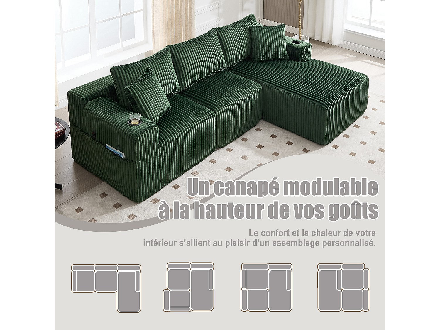 Canapé modulable convertible 3 places vert tissu
